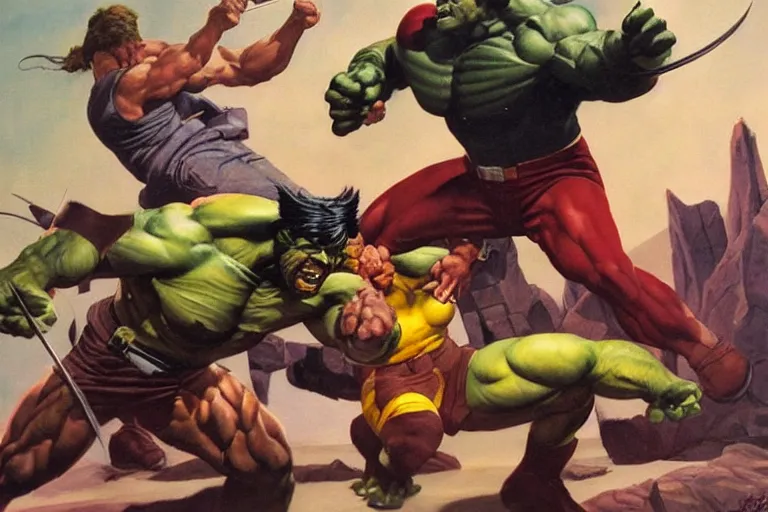 Image similar to Wolverine fighting the Hulk by Frank Frazetta and by Joe Jusko and by Alex Ross, oil painting, detailed, proportional, trending on art station, 4k