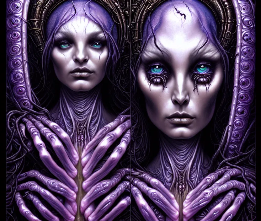 Image similar to A beautiful detailed alien goddess woman with 6 arms super dark tarot card, gorgeous model face by Stanley Artgerm, by tomasz alen kopera and Justin Gerard, 4 eyes, beautiful symmetrical features, ominous, magical realism, melting, texture, intricate, ornate, royally decorated, melting, whirling smoke, embers, purple adornments, blue torn fabric, radiant colors, fantasy, trending on artstation, volumetric lighting, micro details, 3d sculpture, ray tracing, 8k, anaglyph effect