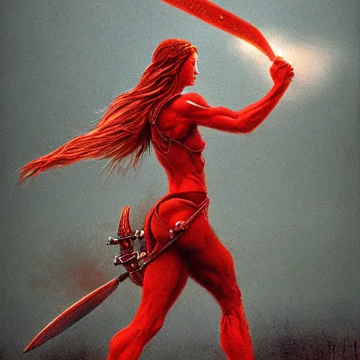 Image similar to Warrior princess with red armor in the style of Zdzislaw Beksinski