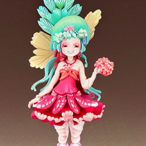 Prompt: a femo figurine of a cute funny strawberry fairy with a frilly floral dress featured in genshin impact by loish