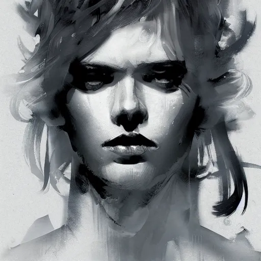 Image similar to a tall figure standing in the aspen forest, !dream portrait of a feminine boy with curly shoulder length dirty blond hair, wearing a white t shirt and black work apron, dramatic lighting, illustration by Greg rutkowski, yoji shinkawa, 4k, digital art, concept art, trending on artstation