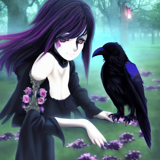 a gothic anime girl and her pet raven raven haunting, Stable Diffusion