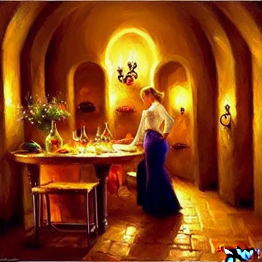 Image similar to wine cellar full of food, torches on the wall, schnapps, romantic, inviting, cozy, blonde woman, painting Vladimir Volegov