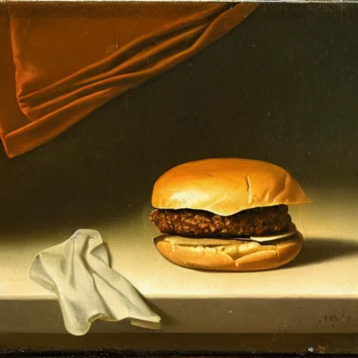 Image similar to hamburger in still life. dutch masters, 1 8 th century. oil on canvas