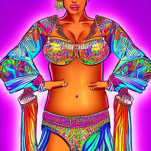 Prompt: queen of the bimbo belly dancers, digital art, highly detailed, vibrant colors, neon