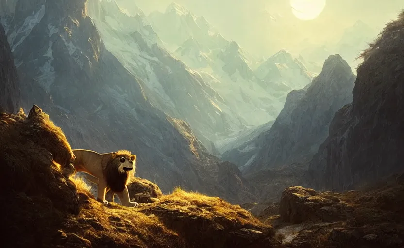 Image similar to a beautiful photo of lion roar on mountain, hyper realistic, natural light, concept art, by greg rutkowski, cozy atmospheric and cinematic lighting