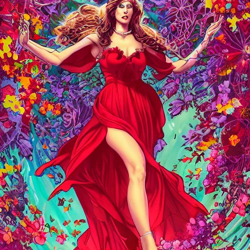 Image similar to scarlet witch in a swirling sundress of flowers, floral explosion, radiant light, vortex of plum petals, by WLOP, Tristan Eaton