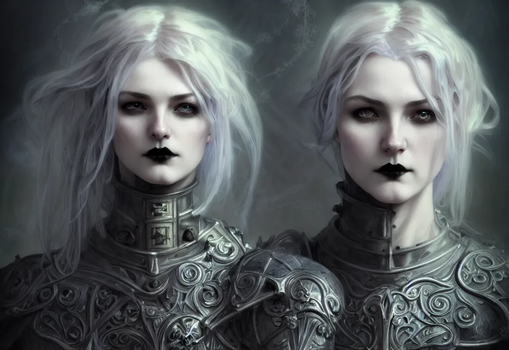 Image similar to beautiful and gothic and evil and dieselpunk young medieval light grey hair female knight portrait + smoky eyes + front face with light flowing hair, ultradetail face, art and illustration by tian zi and craig mullins and wlop and alphonse mucha, fantasy, intricate complexity, human structure, human anatomy, fantasy character concept, watermark, blurry, hyperrealism 8 k