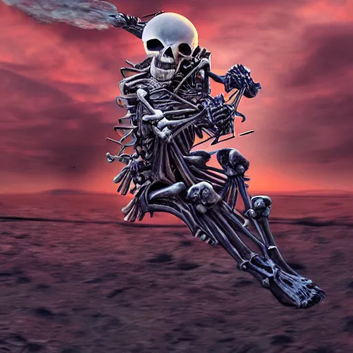 Prompt: a detailed portrait of a skeleton riding a missile, art illustration, incredibly highly detailed and realistic, 8 k, sharp focus