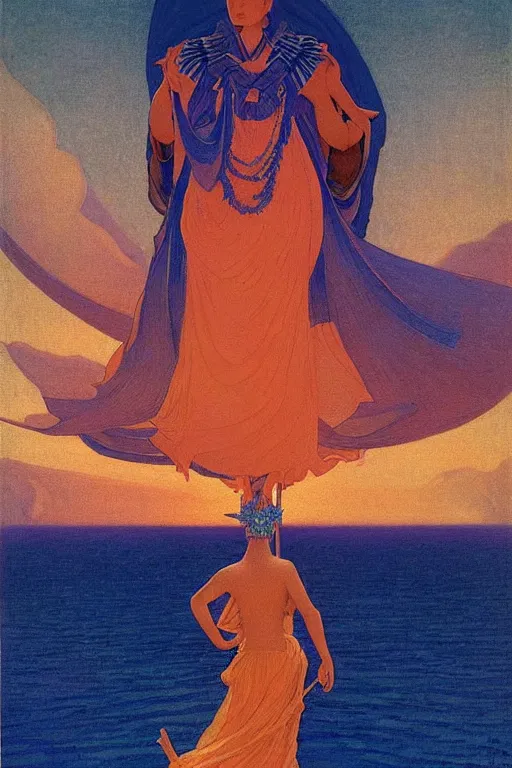 Image similar to queen of the sunset sea, by Nicholas Roerich and jean delville and Maxfield Parrish, dramatic cinematic lighting , ornate headdress , lost civilizations, extremely detailed