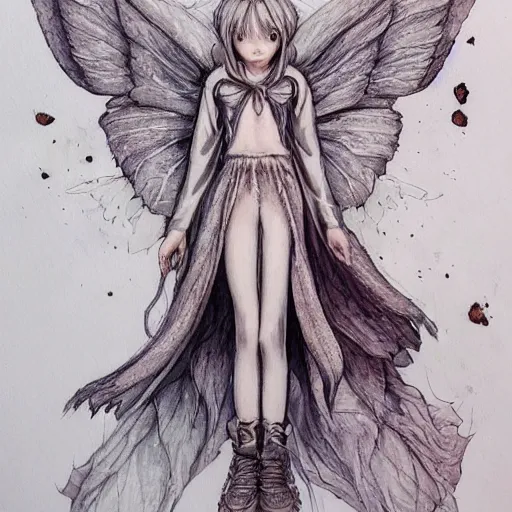 Prompt: a fairy girl, wearing a hoodie and sweatpants, symmetrical wings, wings made of pizza, basic white background, symmetrical, watercolor, pen and ink, intricate line drawings, by Yoshitaka Amano, Ruan Jia, Kentaro Miura, Artgerm, detailed, trending on artstation, hd, masterpiece,