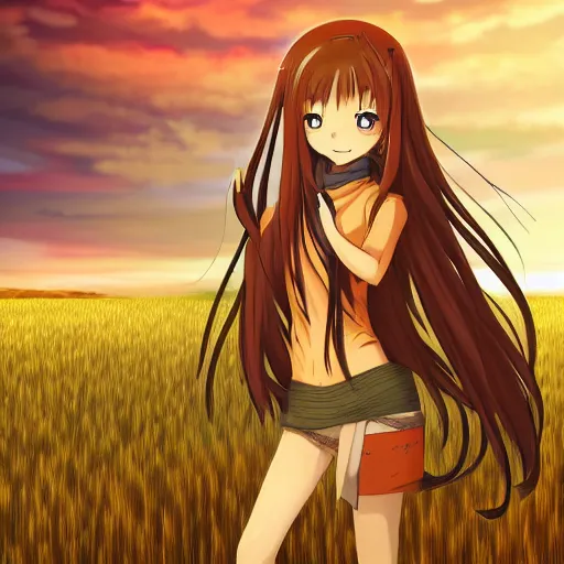Prompt: anime illustration of Holo from Spice and Wolf standing in a wheat field at sunset, Holo if a wolf girl, high detail, trending on pixiv