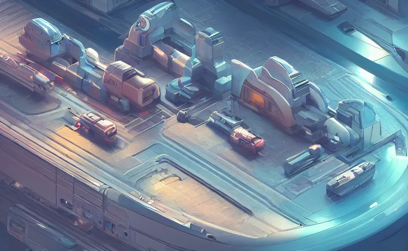 Prompt: isometric, a spaceship, gas station in space, sharp focus, rim light, exquisite lighting, hard edges, moebius, sci - fi, print, cinematic, game art, soft painting, artstation