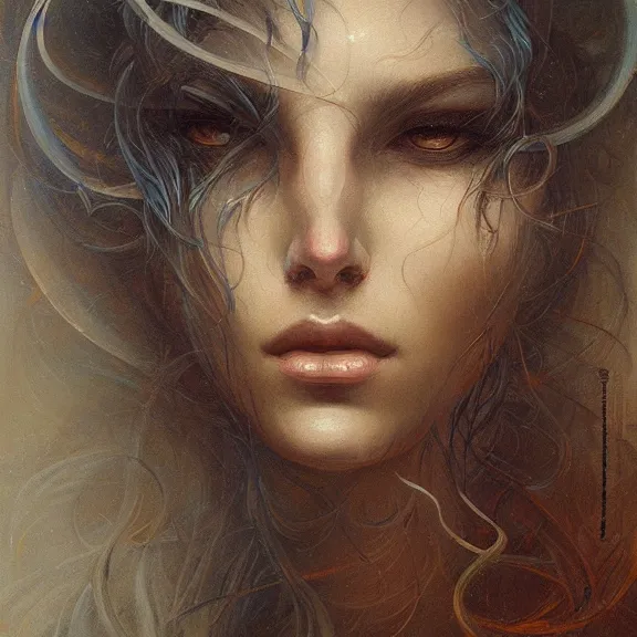 Image similar to a highly detailed beautiful portrait in the style of jean delville and in the style of peter mohrbacher.