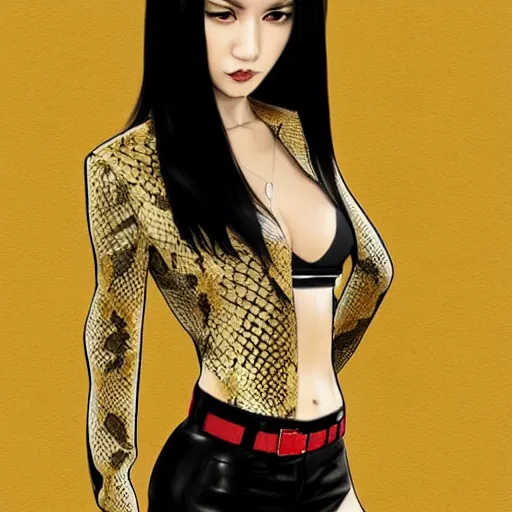 Image similar to yakuza slim girl, gold suit jacket in snake print, jacket over bare torso, yakuza tattoo on body, black short curtain haircut, black leather pants with black belt, elegant, 2d, ultra highly detailed, digital painting, smooth, sharp focus, artstation, art by artgerm, rossdraws