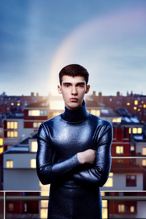 Image similar to un ultra high definition studio quality photographic art portrait of a young man standing on the rooftop of a british apartment building wearing soft padded silver pearlescent clothing. three point light. extremely detailed. golden ratio, ray tracing, volumetric light, shallow depth of field. set dressed.