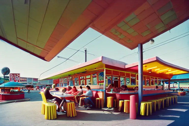 Prompt: 1 9 7 5 googie popsicle people sitting at tables, googie architecture, two point perspective, americana, restaurant exterior photography, hd 4 k, taken by alex webb