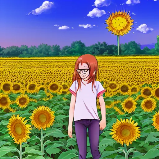 Prompt: girl with glasses in the sunflower field,light from right.anime,trending on pixiv.net