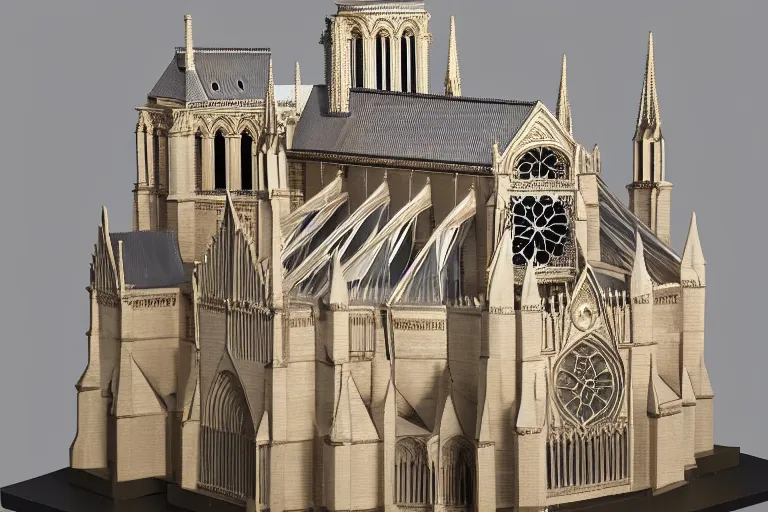 Prompt: paper model of the Notre Dame, hyperrealistic, very fine details, studio light, 8K, product photo, spotlight