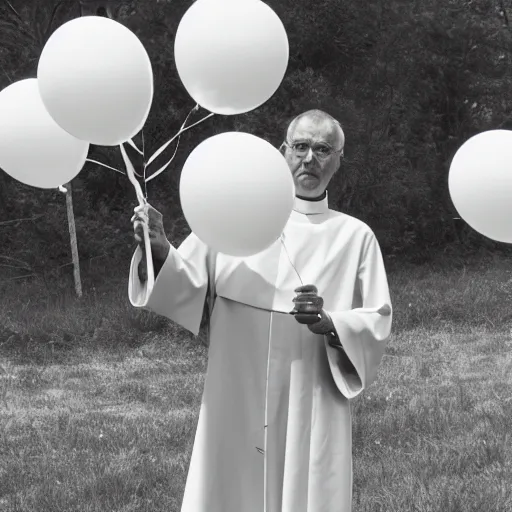 Image similar to a priest holding many balloons