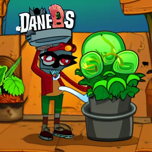 Image similar to a photo of Crazey Dave Blazing III from plants vs zombies wearing a pot on his head and watering his plants at the golden hour