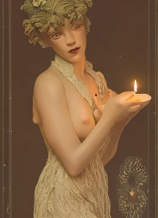 Prompt: a sculpture of a woman in a dark room wearing lace smoking a cigarette advertisement photography by mucha, candlelight, pagan, extremely coherent, sharp focus, elegant, sharp features, render, octane, detailed, award winning photography, masterpiece, rim lit, ivory