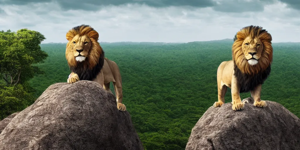 Image similar to hyperrealistic photo of a lion roaring on top of a rock over looking the jungle, 8 k