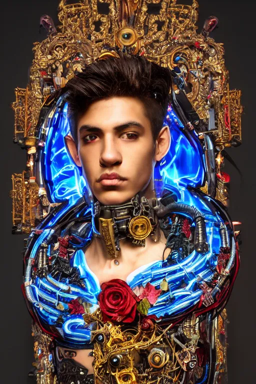 Image similar to full-body cyberpunk style sculpture of a young handsome Latino prince half android with a chest opening exposing circuitry and electric sparks, glowing red eyes, crown of blue roses, flowing magenta-colored silk, fabric, snakes. baroque elements, human skull. full-length view. baroque element. intricate artwork by caravaggio. many many birds birds on background. Trending on artstation, octane render, cinematic lighting from the right, hyper realism, octane render, 8k, depth of field, 3D