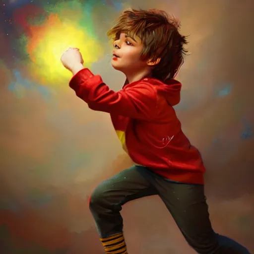 Image similar to colorful and festive captivating young child boy, brown fluffy hair, wearing red and yellow clothes, shooting a yellow energy sphere out of his fist. full body, rich vivid colors, ambient lighting, dynamic lighting, 4 k, atmospheric lighting, painted, intricate, highly detailed by charlie bowater