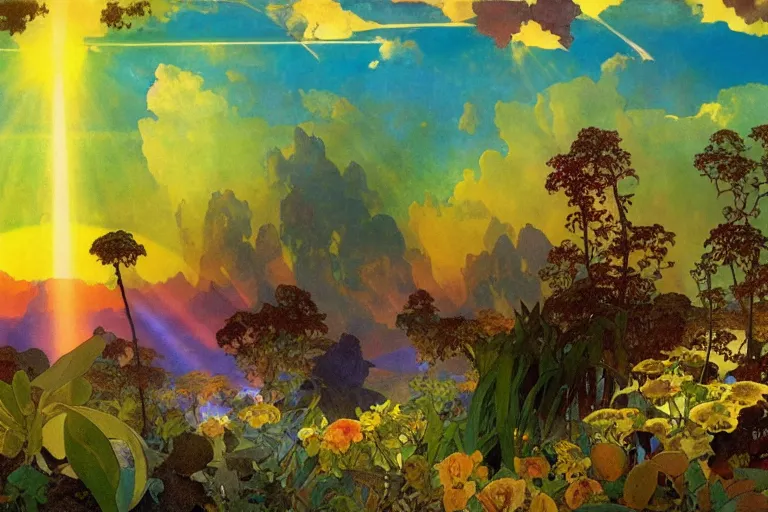 Prompt: landscape of the planet earth with colorful vegetation and sunrays and a surreal sky by alfons maria mucha, trending on artstation.