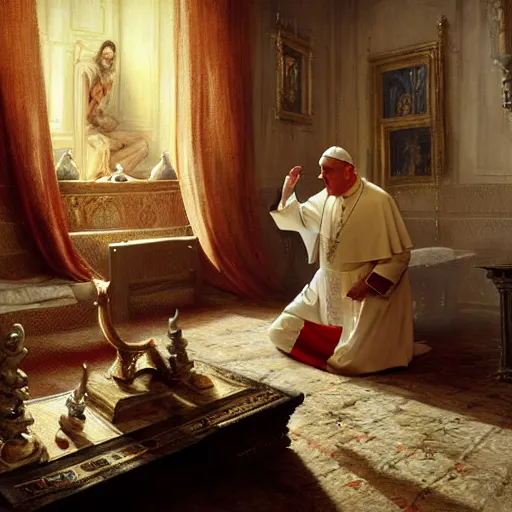 Image similar to the pope is in his bedroom, scared because a horned demon is attacking him. highly detailed painting by gaston bussiere, greg rutkowski, craig mullins 8 k