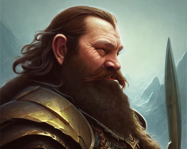 Prompt: gimli from lord of the rings, deep focus, d & d, fantasy, intricate, elegant, highly detailed, digital painting, artstation, concept art, matte, sharp focus, illustration, hearthstone, art by artgerm and greg rutkowski and alphonse mucha