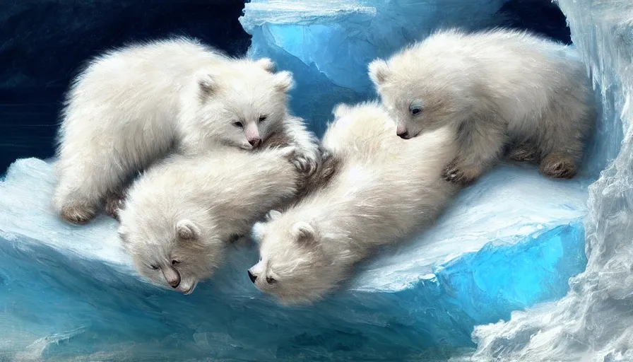 Prompt: highly detailed painting of cute furry white baby bear cats cuddling into each other on a blue and white iceberg by william turner, by greg rutkowski, by william constable, thick brush strokes and visible paint layers, 4 k resolution