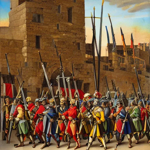 Prompt: line of renaissance soldiers in brightly colored uniforms with halberds as musketeers fire behind them, they are in a tight street surrounded by medieval stone buildings, dying earth, art, rpg, mike franchina