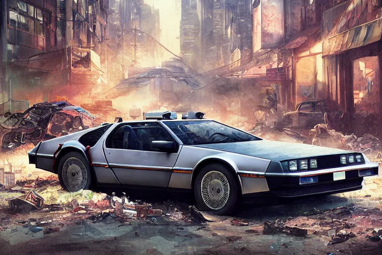 Image similar to photograph of the delorean driving down the streets of a cyberpunk abandoned city, by greg rutkowski, by stanley artgerm, by alphonse mucha