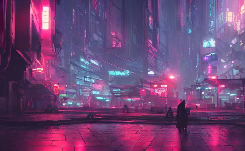 Prompt: matte painting environment design of dystopian cyberpunk city with neon lights, people on the streets being monitored by flying drones, trending on artstation, painted by dreadjim, eddie mendoza, james paick, ultra realistic, volumetric lighting, 4k, octane render