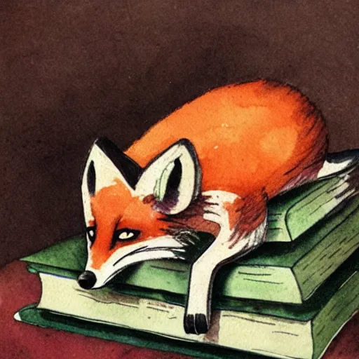 Prompt: a fox sleeping on a pile of books, watercolors from 1 9 2 0