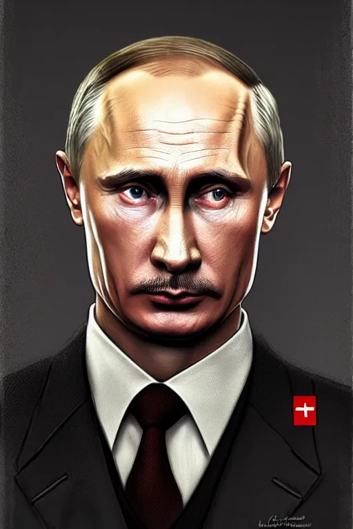 Image similar to vladimir putin as hitler, realistic portrait, symmetrical, highly detailed, digital painting, artstation, concept art, smooth, sharp focus, illustration, cinematic lighting, art by artgerm and greg rutkowski and alphonse mucha