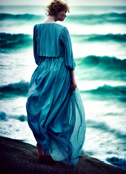 Prompt: cinestill 5 0 d half - length portrait photo portrait of a woman britt marling 3 / 4 style of nicholas fols, 1 5 0 mm, windy mood, dress in voile, mute dramatic colours, soft blur outdoor stormy sea background, volumetric lighting, hyper detailed, hyper realistic