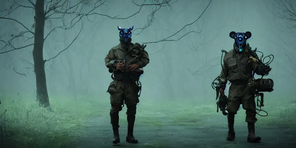 Image similar to a beautifully strange image of a gamekeeper wearing a dieselpunk mechanical fluorescent mystical animal mask. walking in the misty, dangerous river. in style of fornite game. award winning. dramatic. trending on artstation. high quality. rendered by beeple, by makoto shinkai, syd meade, digital art, unreal engine 5, fornite game. octane render