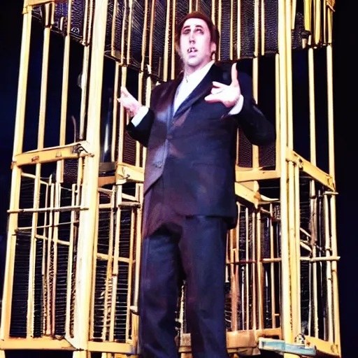 Image similar to a cagey nicholas cage caged in a cage on stage and enraged