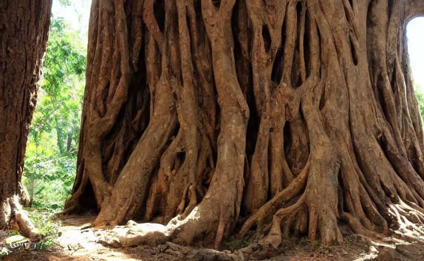 Image similar to secret entrance to giant ancient tree, background of indiana jones game