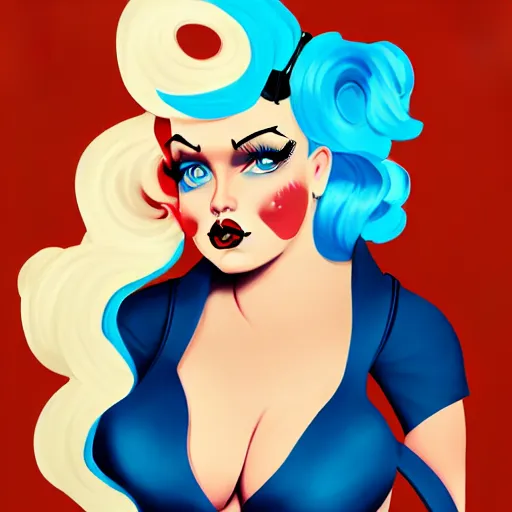 Prompt: rockabilly curvy woman, long blond hair, hair bow, blue eyes, wholesome, country, southern, digital art, cinematic, concept art, 8k, painting, trending on artstation, wide shot, full shot