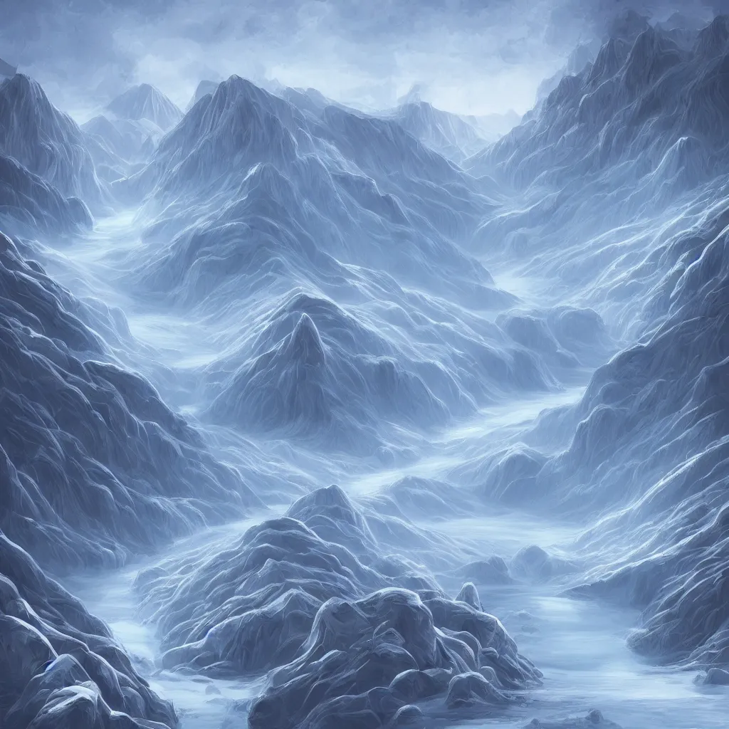Prompt: valley of the glacial whispers, minimal digital art with border graphics. no text, no watermarks, music album art.