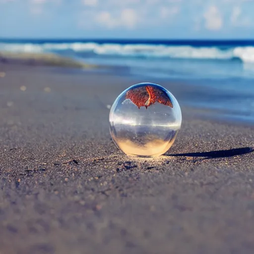 Image similar to a transparent sphere on a beach with a crab looking at it