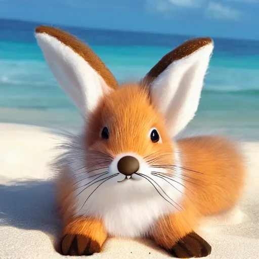 Image similar to a photorealistic adorable chubby fennic fox rabbit hybrid, wearing bows on its fuzzy ears, with a mischievous grin, happy lighting, at a tropical beach