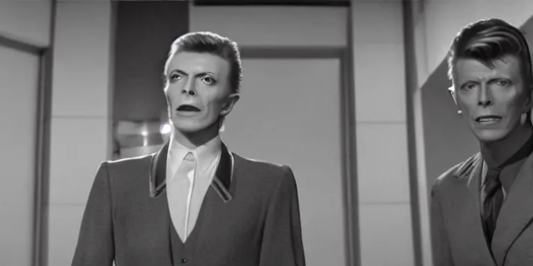 Image similar to photorealistic medium shot cinematography of a david bowie acting as a man from outter space in a twilight zone episode that takes place in an art deco lab shot on film at magic hour with the sun shining into a large 6 0's hotel lobby room filled with volumetric haze by the shining cinematographer john alcott on a cooke panchro 3 5 mm lens.