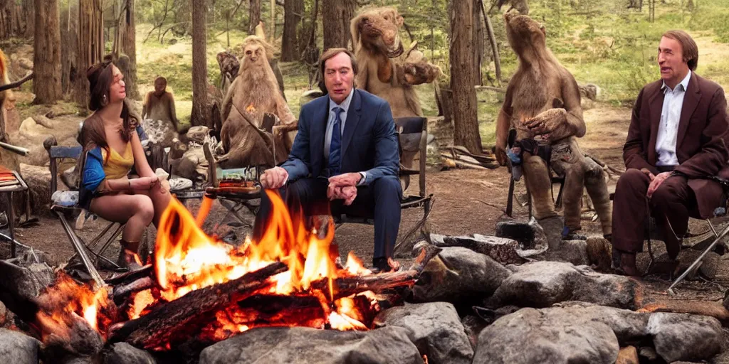 Prompt: high quality photograph of saul goodman sitting near a campfire in ice age with an ancient tribe