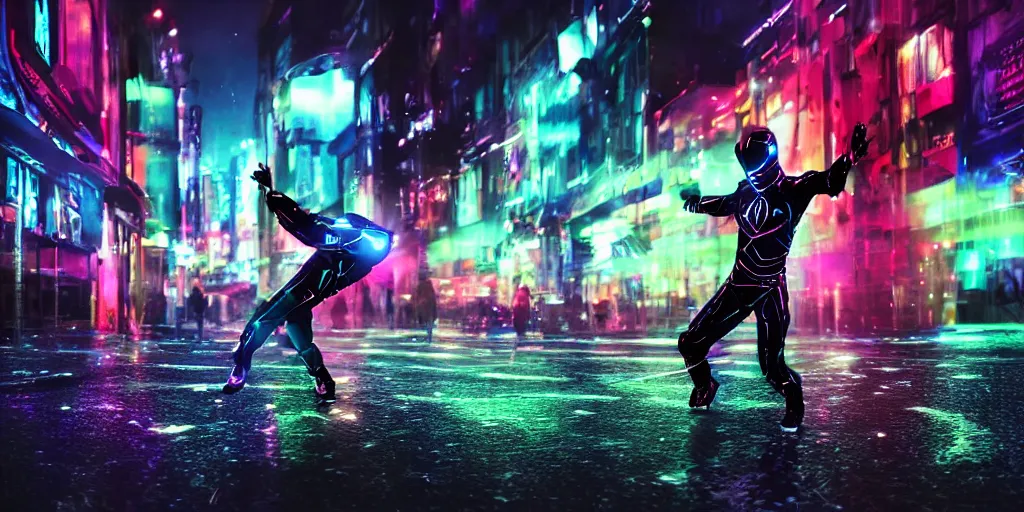 Prompt: slow motion picture of futuristic break dancer wearing dark tron suit with neon lights, long exposure shot , at night in the middle of a rainy street, paddles of water, rim lights, glossy reflections, octane render, detailed and soft, by laurie greasley