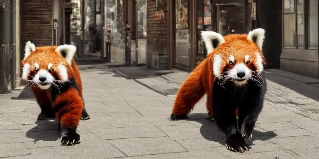 Prompt: a photo of 8k a cute humanoid red panda in a dress walking down a sunny street, cinematic lighting, trending on artstation, 4k, hyperrealistic, focused, extreme details, unreal engine 5, cinematic, masterpiece